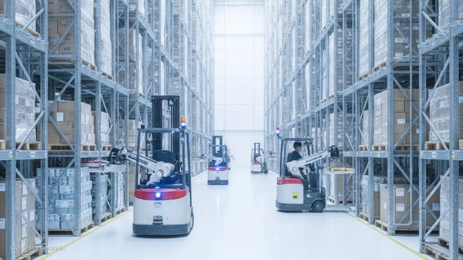 Robotic and human-operated forklifts navigate a brightly lit, expansive warehouse aisle filled with towering metal racks of palletized cardboard boxes.
