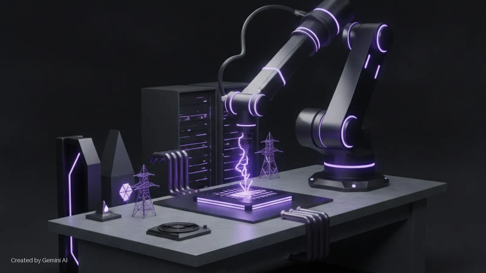 A dark robotic arm and server racks with purple neon lighting, alongside miniature power pylons, surround a glowing CPU chip being struck by a bolt of purple lightning, all arranged on a dark table.