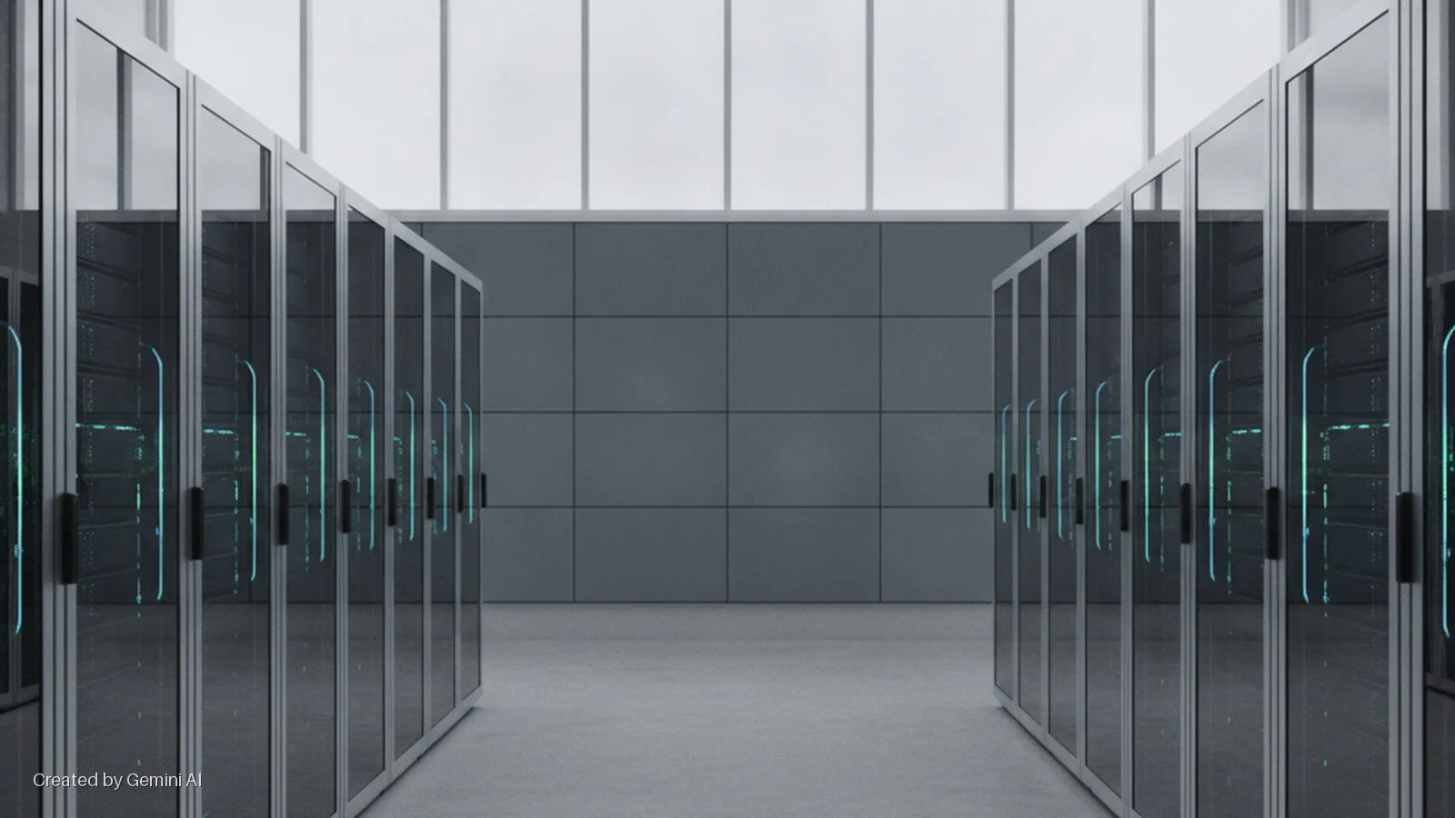 A data center corridor is lined by two rows of glass-fronted server racks with internal green lights, ending at a paneled grey wall below bright windows.
