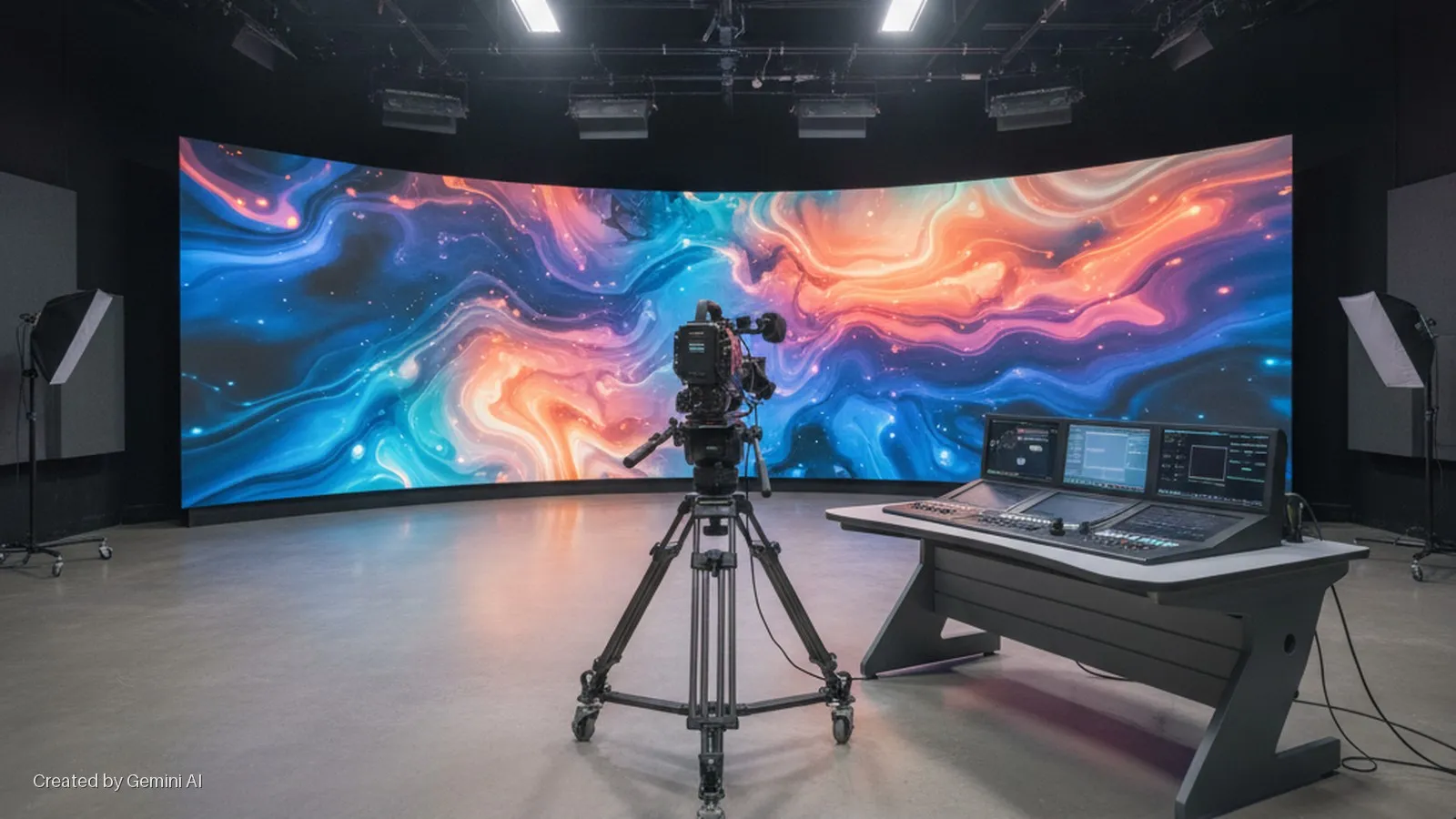 A professional TV studio features a large curved LED video wall displaying vibrant swirling blue, purple, and orange patterns, with a video camera on a wheeled tripod, a multi-screen production control desk, and two softbox lights, all illu