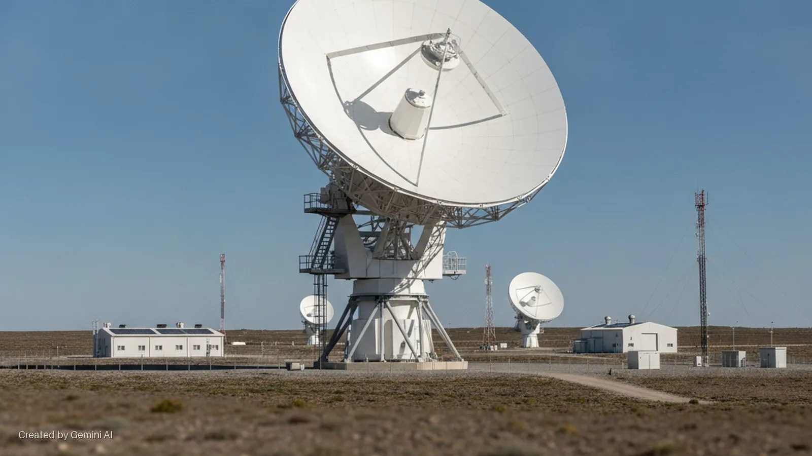A large white satellite dish stands prominently in an arid, fenced landscape featuring other smaller satellite dishes, multiple communication towers, white modular buildings with solar panels, and a dirt road under a clear blue sky.