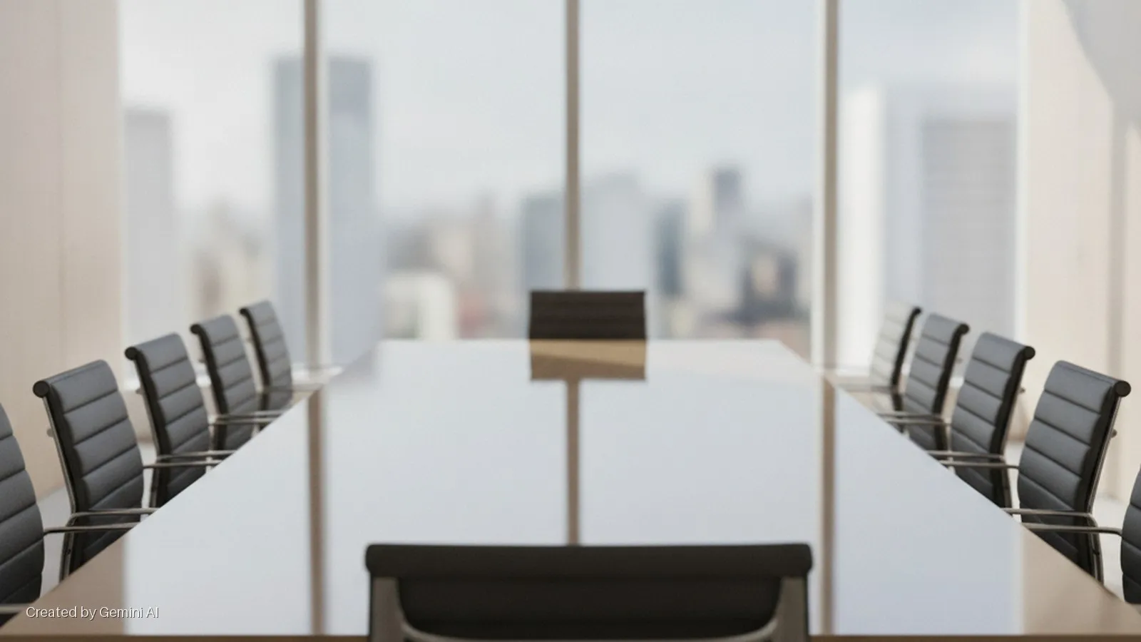 A bright, modern conference room with a long reflective table and black leather chairs, set against a blurred cityscape seen through large windows.