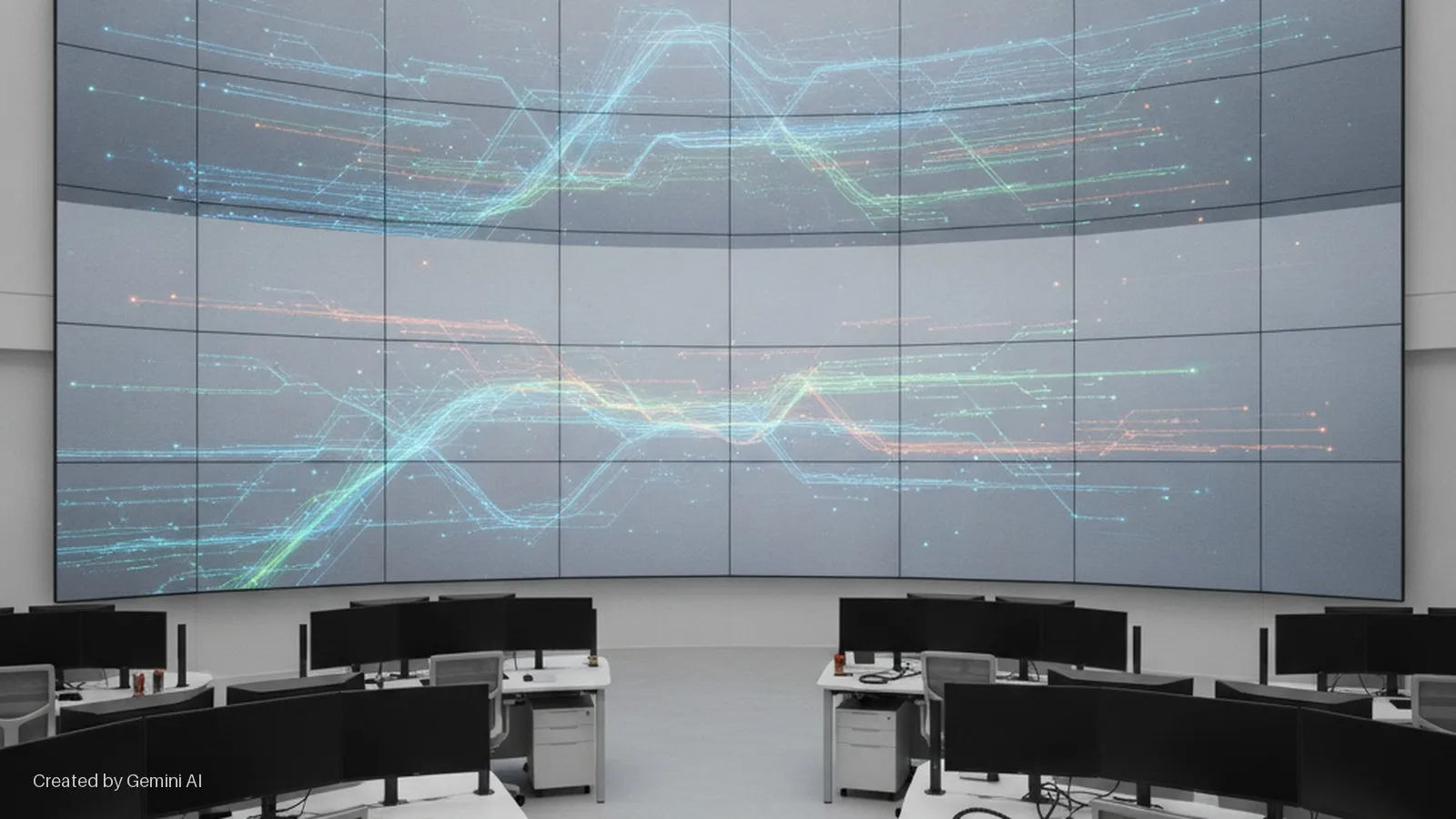 A brightly lit control room features a large, curved video wall composed of multiple screens displaying abstract colorful data lines and points, with several rows of computer workstations equipped with multiple black monitors on white desks