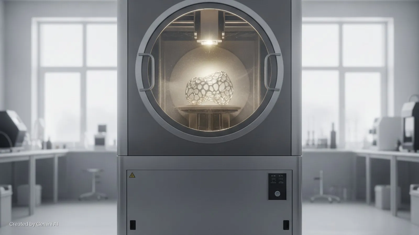 A large, grey industrial 3D printer with a round window displays a glowing, organic-patterned object being printed inside, set in a brightly lit laboratory with tables and scientific equipment.