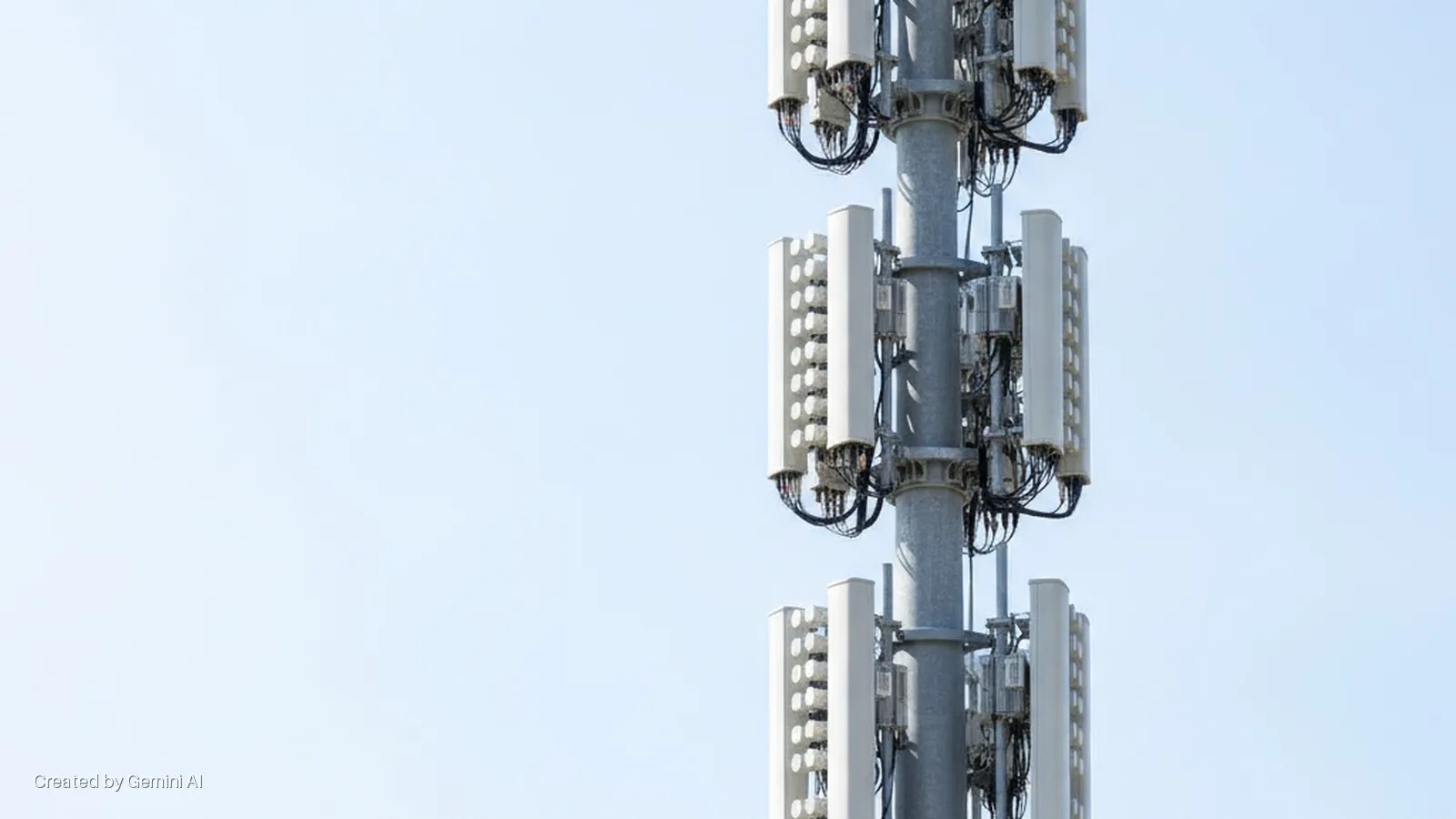 A cell tower featuring multiple rectangular antenna panels and associated cabling stands against a bright, clear blue sky.