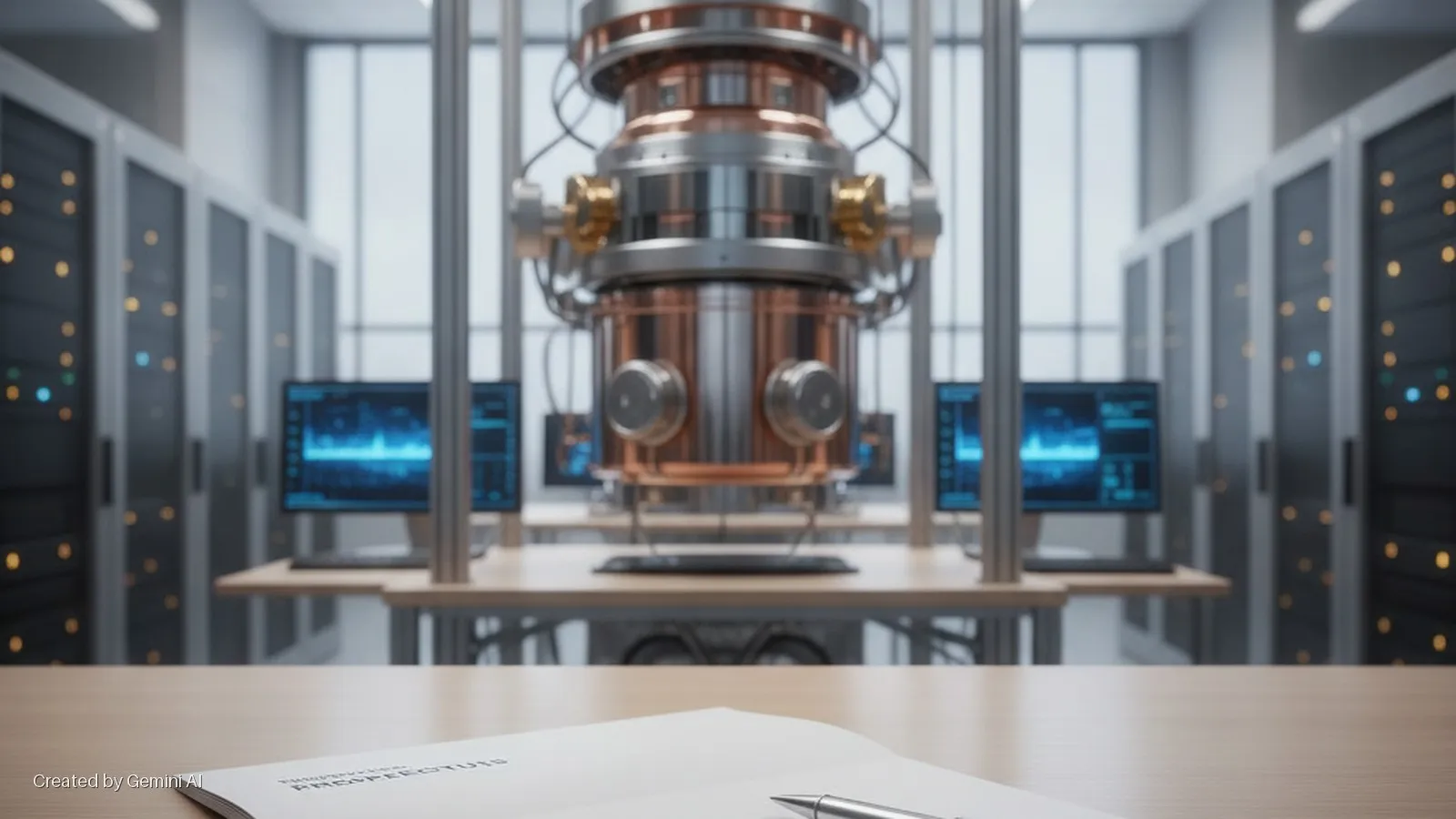 A brightly lit, high-tech server room or research lab features rows of server racks with indicator lights, multiple desks with monitors displaying blue data, and a large central copper and silver experimental apparatus, with a document and 