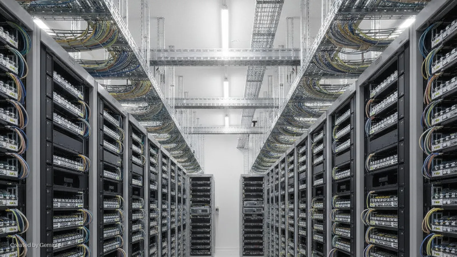 A brightly lit data center aisle features long rows of black server racks on either side, with overhead metal cable trays densely packed with colorful network cables.
