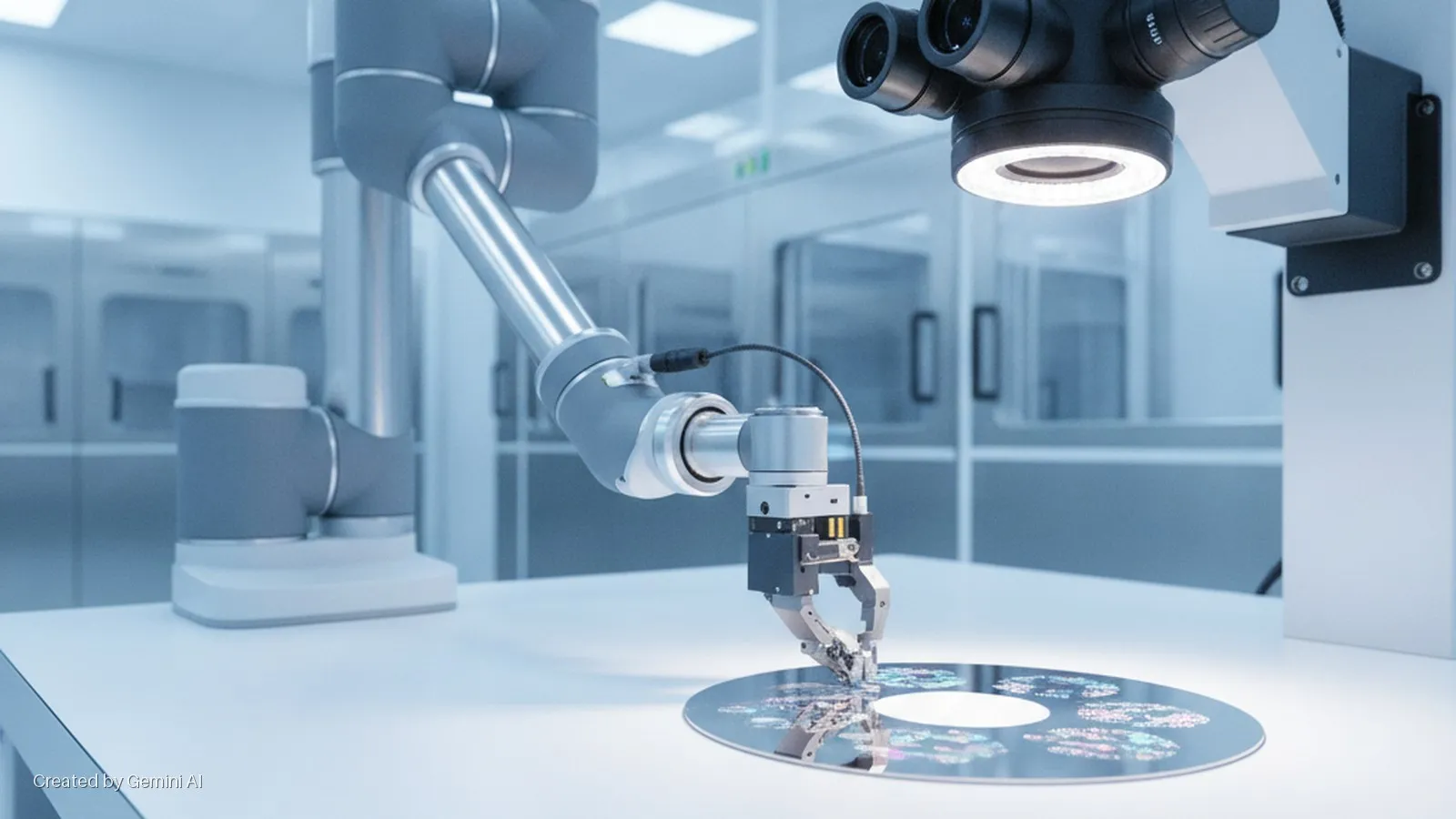 A robotic arm with a gripper is positioned over a patterned silicon wafer, illuminated by a bright ring light from an overhead microscope, on a clean white laboratory table in a cleanroom.