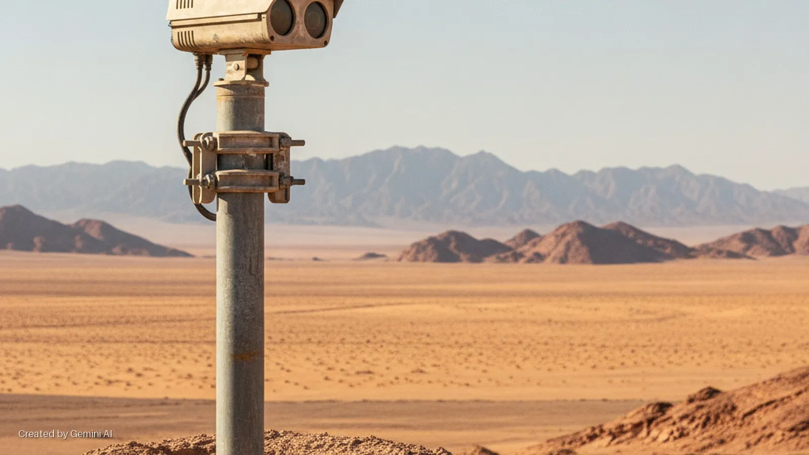 A weathered surveillance camera on a pole overlooks a vast, sunny desert landscape with multiple mountain ranges in the distance.