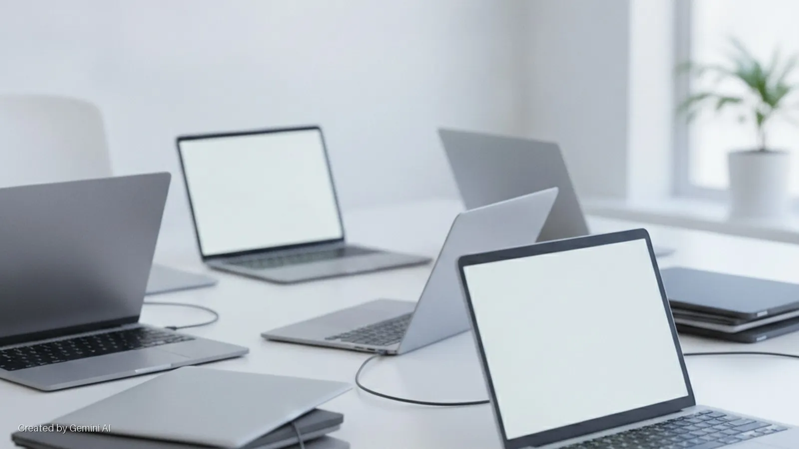 Multiple silver and gray laptops, some open with blank white screens and others closed, are arranged on a white table in a brightly lit office with a window and a potted plant in the background.