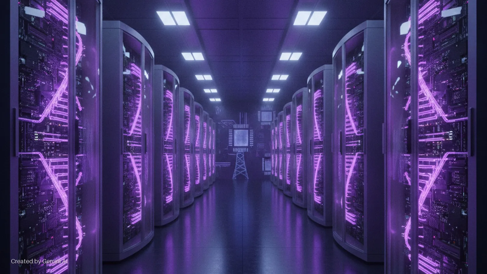 A long data center aisle is lined with tall server racks, their transparent fronts revealing intricate, glowing purple circuits, under bright rectangular ceiling lights.
