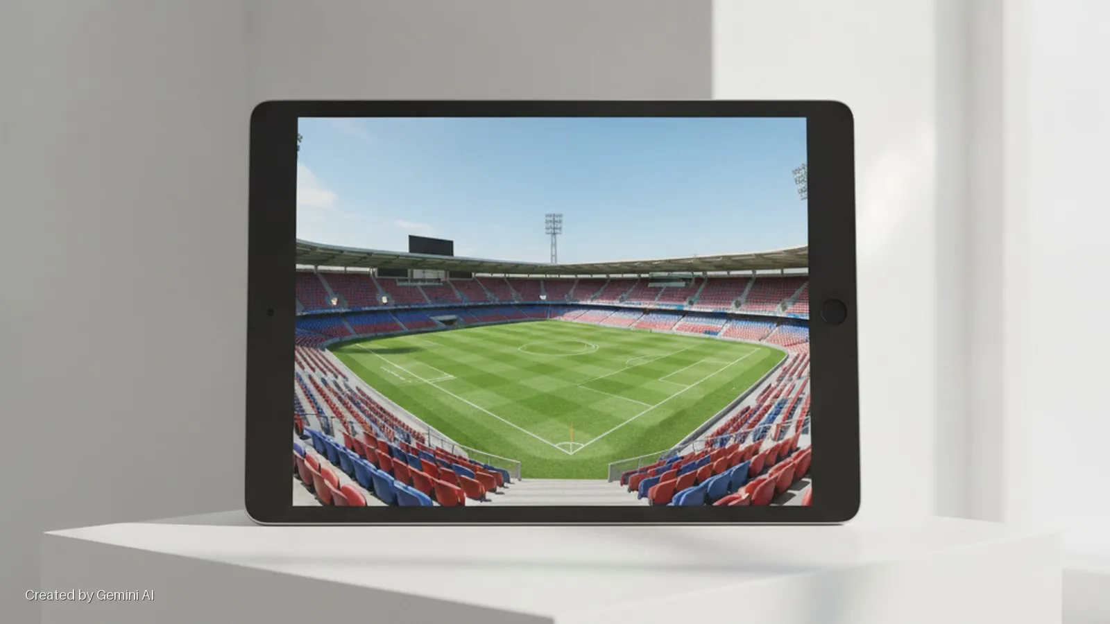 A black tablet displays a sunny, empty soccer stadium with green field and red and blue seats, resting on a white minimalist platform with shadows cast by light from the right.