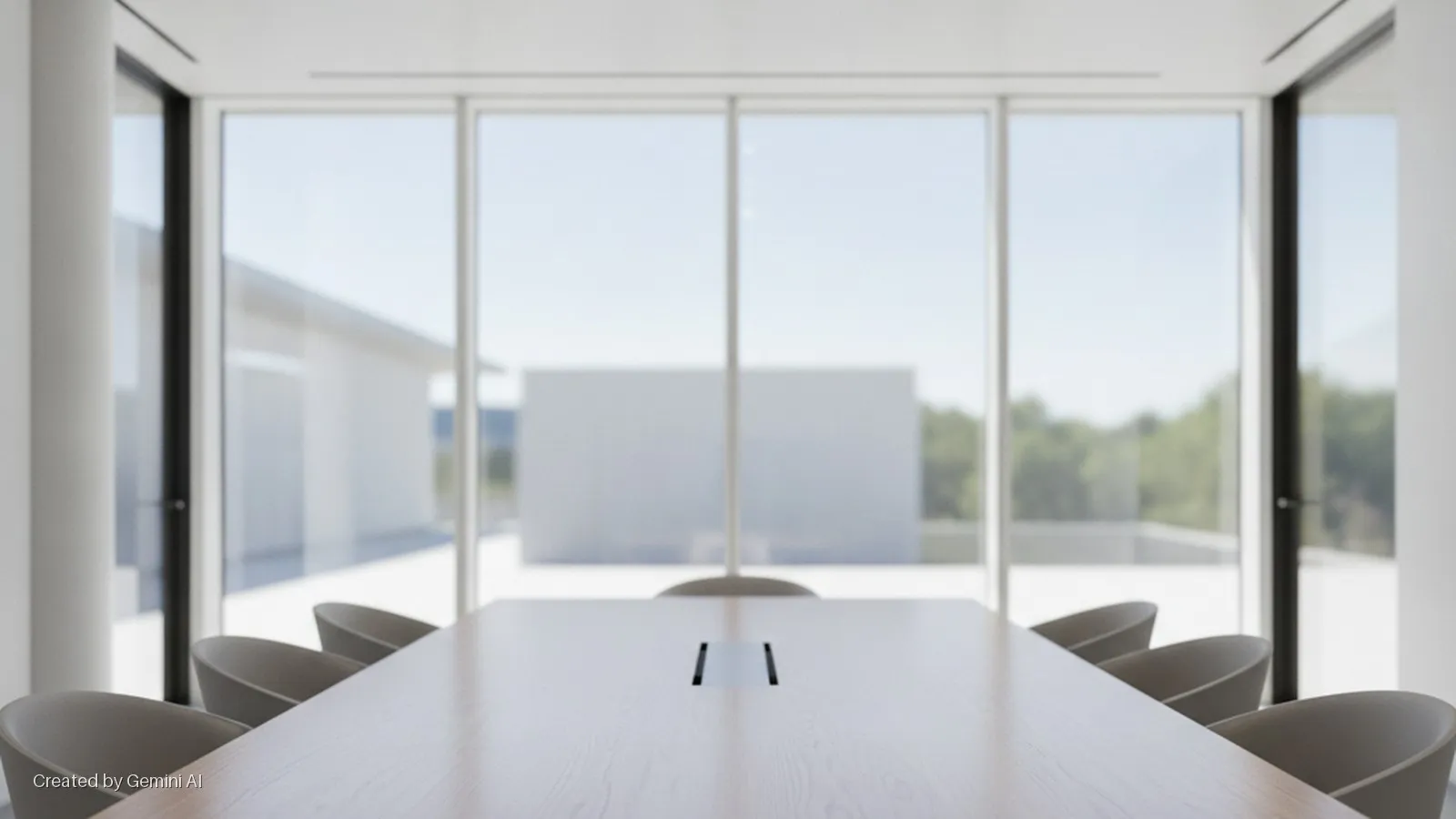 A bright, modern conference room features a long light wood table with an integrated power module, surrounded by light grey chairs, and a wall of windows overlooking a sunny outdoor area with white architecture and green trees.