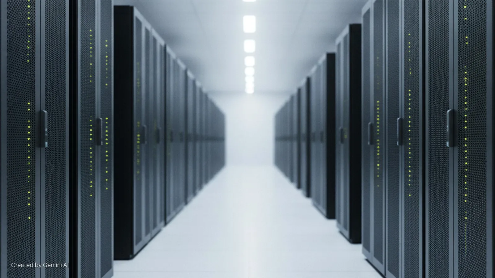 A brightly lit data center aisle features two rows of dark grey server racks, each displaying numerous small yellow-green indicator lights, extending into the distance under square ceiling lights.