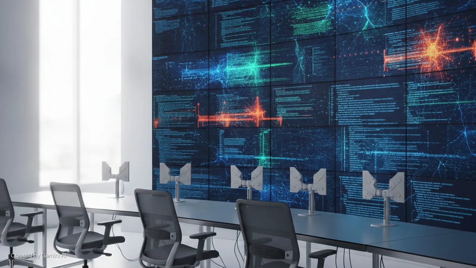 A modern control room features a large video wall displaying dynamic data visualizations and code, several empty workstations with monitor stands on long tables, and bright natural light streaming from a large window on the left.