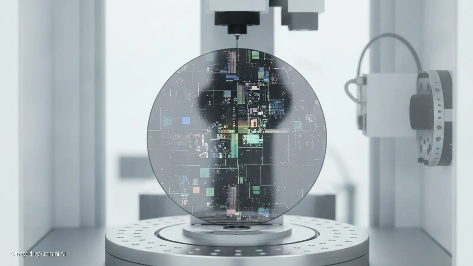 A silicon wafer displaying intricate multicolored circuitry patterns sits on a rotating stage, being inspected by a precision probe in a brightly lit laboratory.