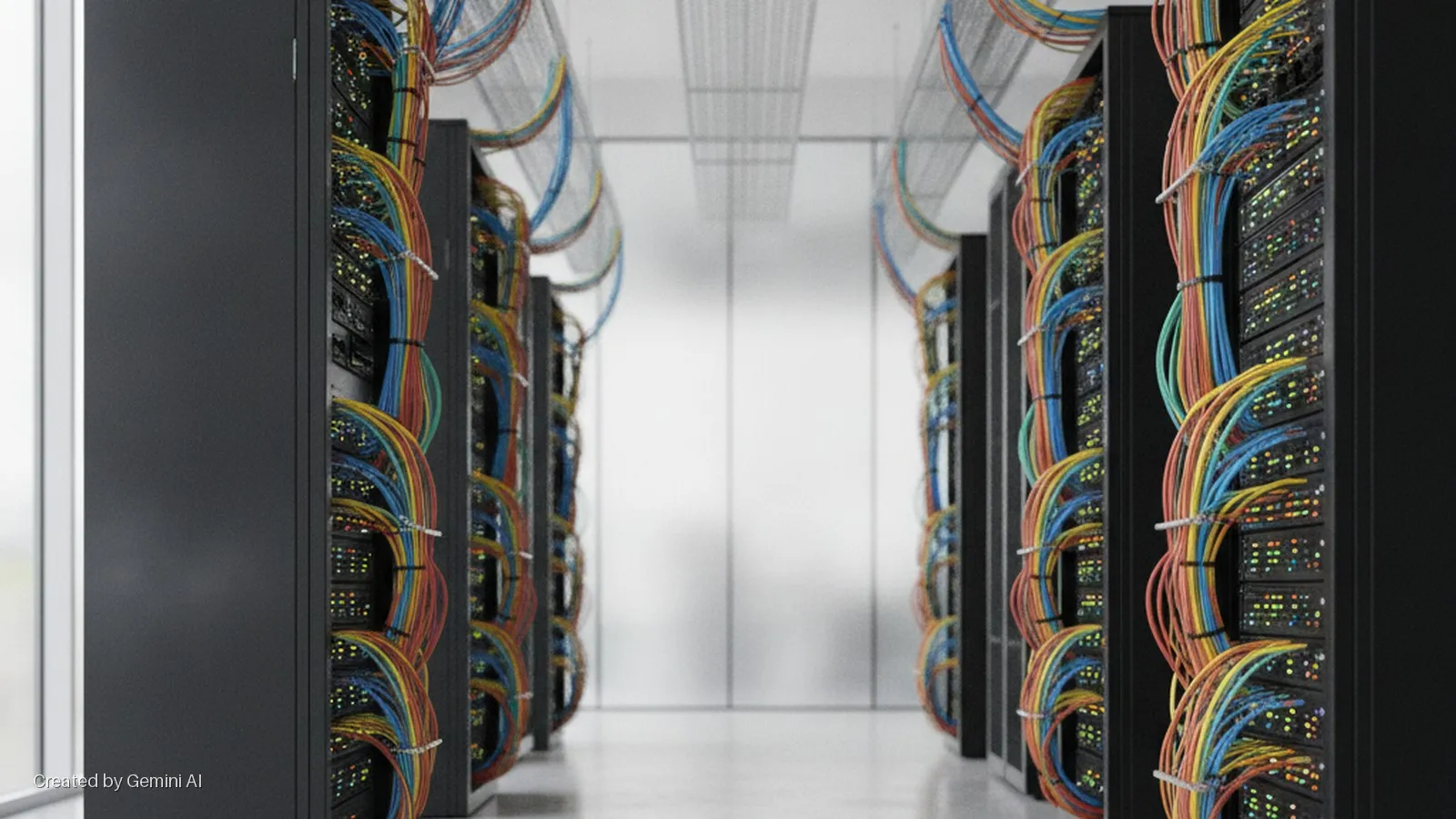A brightly lit data center aisle features parallel rows of black server racks with blinking lights, interconnected by colorful network cables, with a window visible on the left.