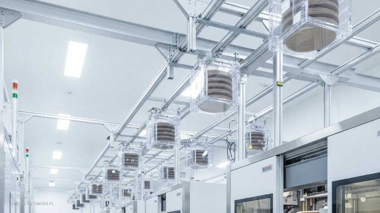 FOUPs filled with semiconductor wafers are transported on an overhead automated material handling system above manufacturing equipment in a bright, white cleanroom.