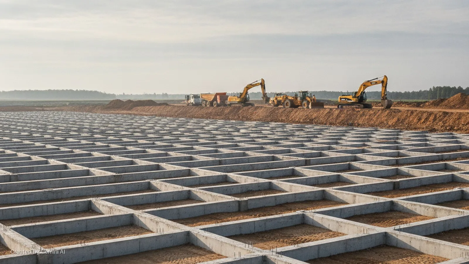 A grid of concrete foundations spreads across a large construction site, with excavators, a dump truck, and a loader working on a dirt embankment under a hazy sky.