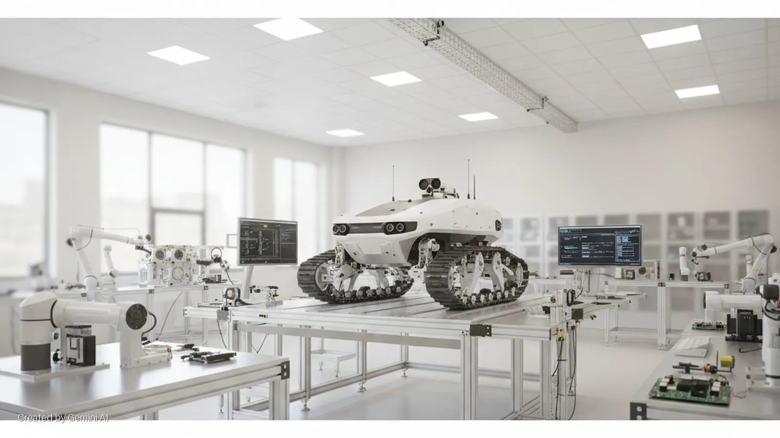 A brightly lit robotics lab features a large white tracked robot on a central table, surrounded by robotic arms, computer monitors displaying technical data, and various electronic equipment on modular workstations.
