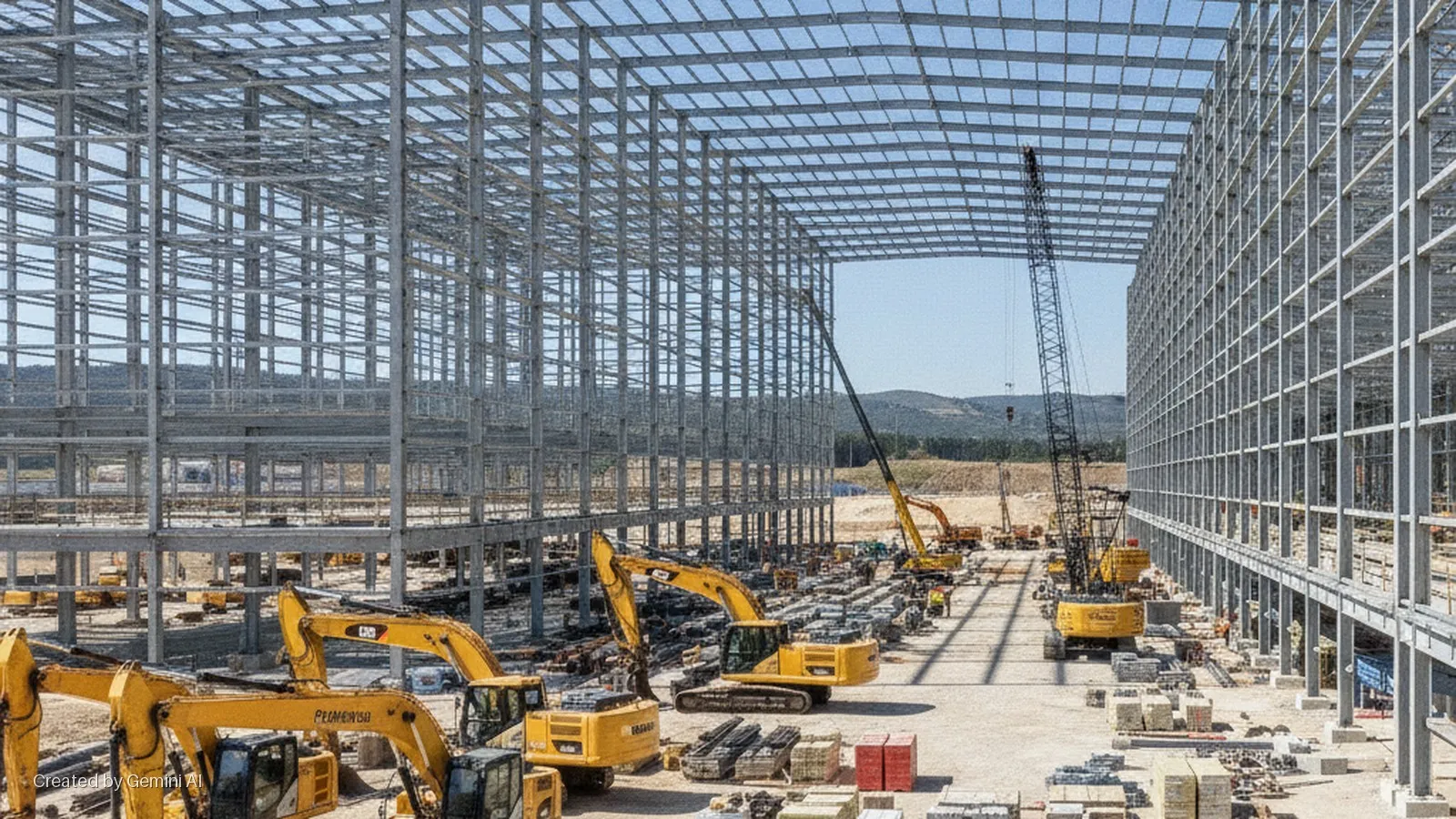 A sunny construction site features numerous yellow excavators and cranes around the extensive steel framework of a large industrial building, with materials scattered on the dirt ground and green hills in the distance.