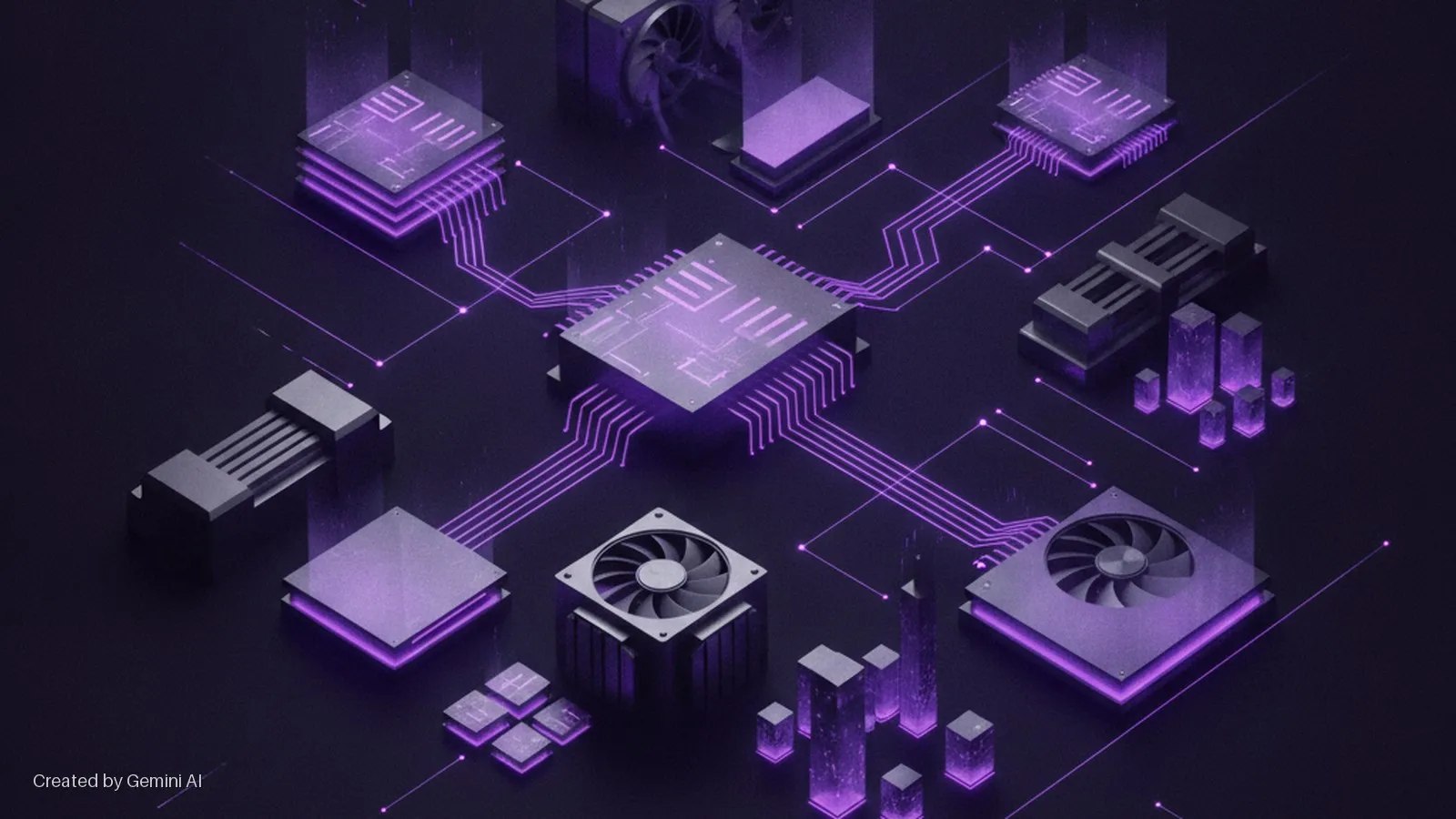 A dark, geometric scene depicts interconnected microchips, cooling fans, heat sinks, and data stacks, all illuminated by vibrant purple glowing lines and elements.