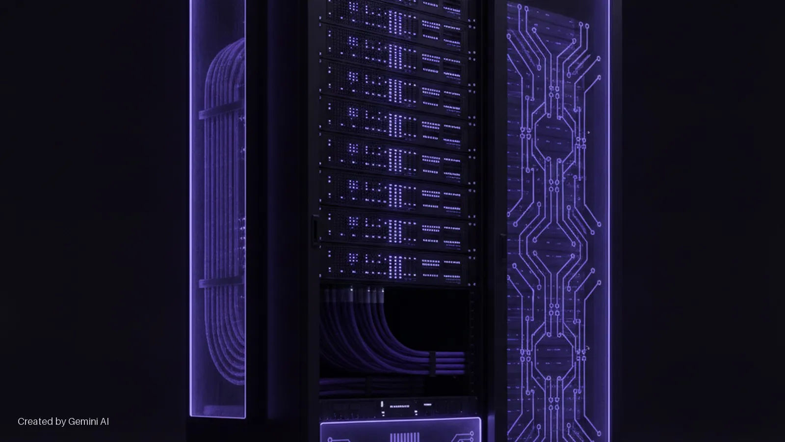Three glowing purple vertical elements in a dark setting, featuring a server rack with multiple active server units and organized cables, flanked by panels displaying internal cables and circuit board designs.