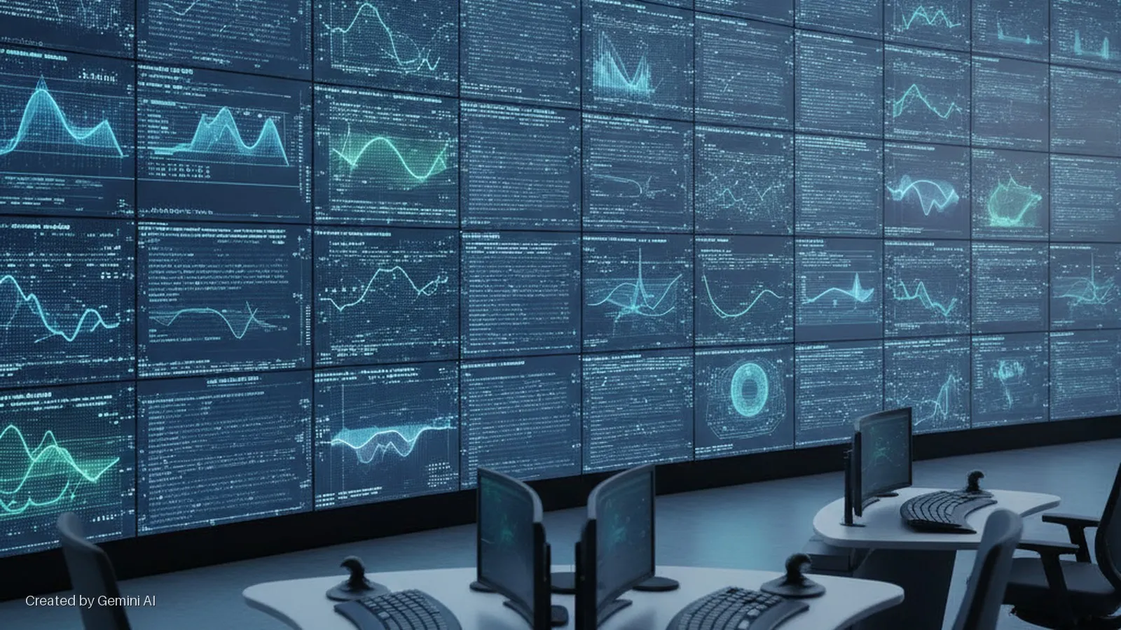 A dimly lit control room features a large video wall displaying numerous blue and teal data visualizations and lines of code, with several workstations equipped with monitors and keyboards in the foreground.