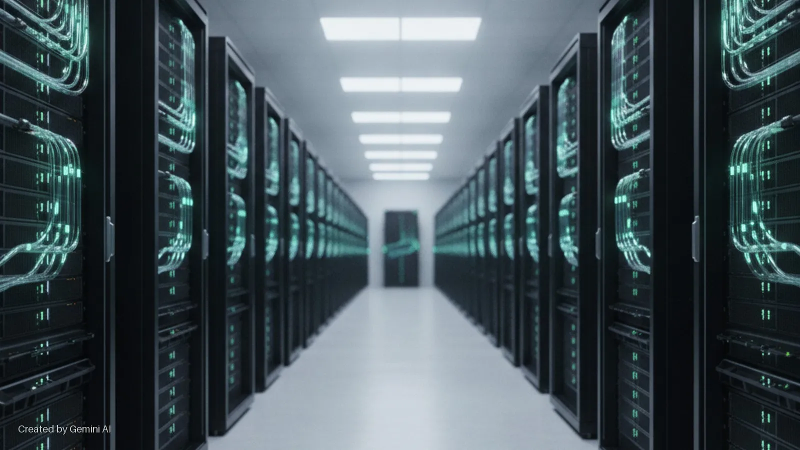 A brightly lit data center aisle with symmetrical rows of black server racks on both sides, displaying glowing green internal lights and cables, leading to a blurred door at the far end.