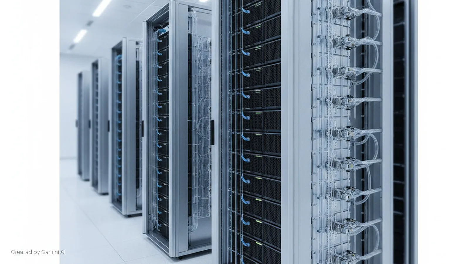 A brightly lit, modern data center hall showing rows of server racks, with transparent fluid cooling lines visible on the side of the foremost rack.