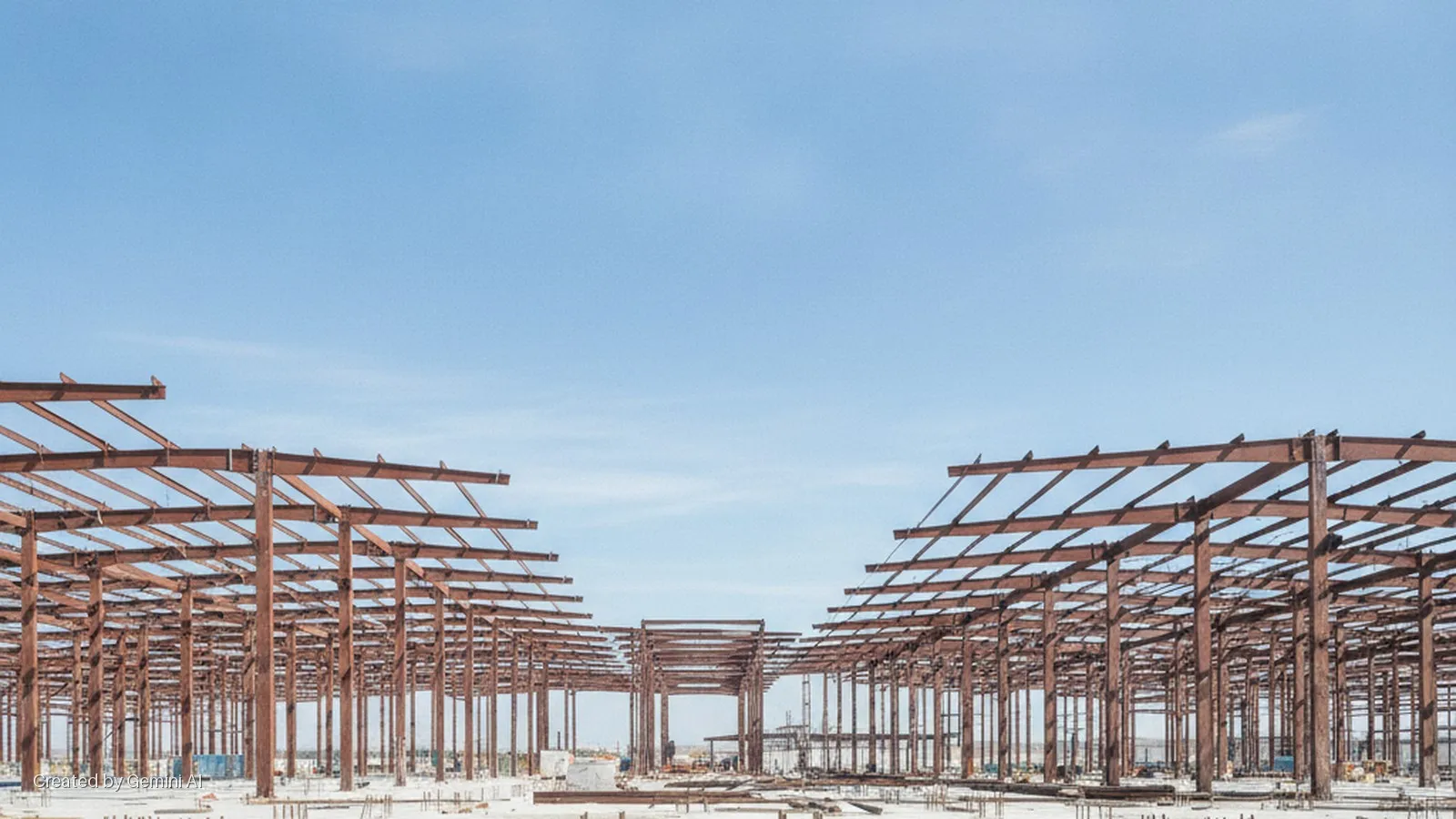 A vast rust-colored steel framework for a building, with numerous columns and beams, stands on a light-colored construction site under a clear, bright blue sky.