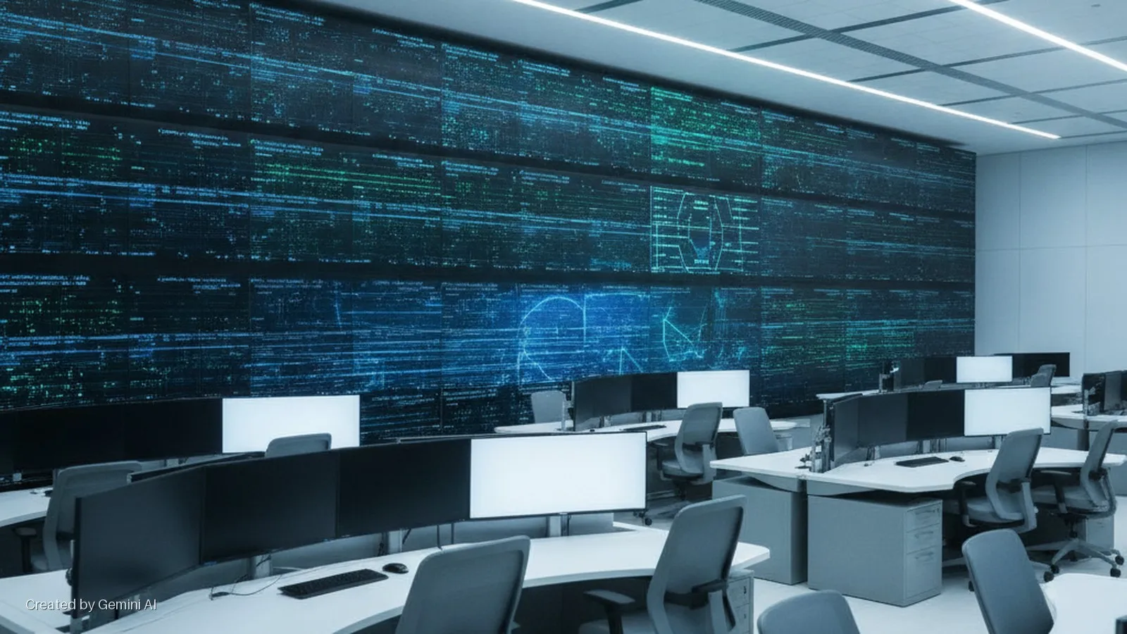A bright modern control room features a large video wall displaying blue and green code, rows of white desks with multiple computer monitors, black office chairs, and file cabinets, illuminated by overhead linear lights.
