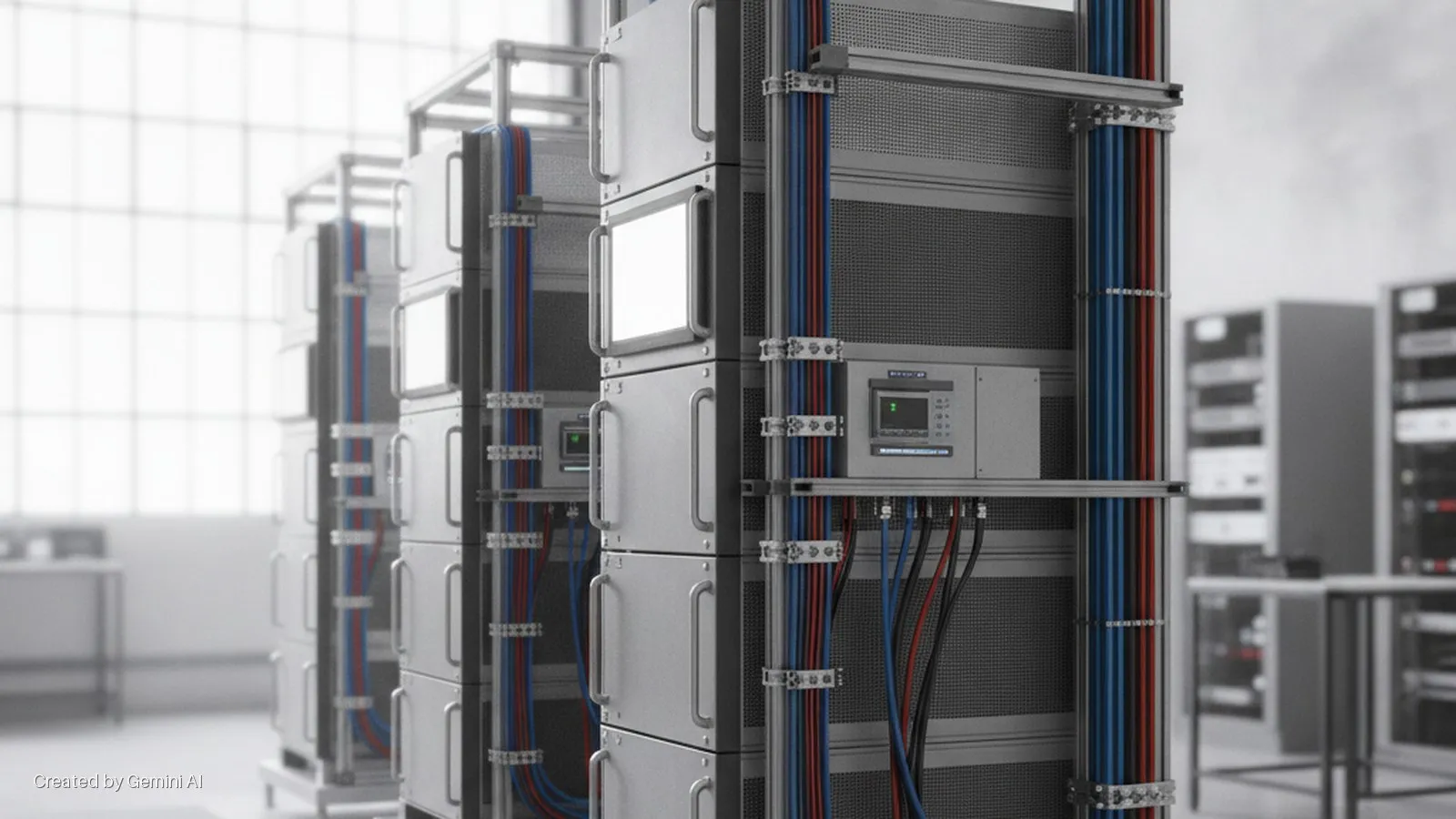 A row of modular server racks featuring organized red, blue, and black cables, control panels, and handles stands in a brightly lit technical facility with a large grid window.