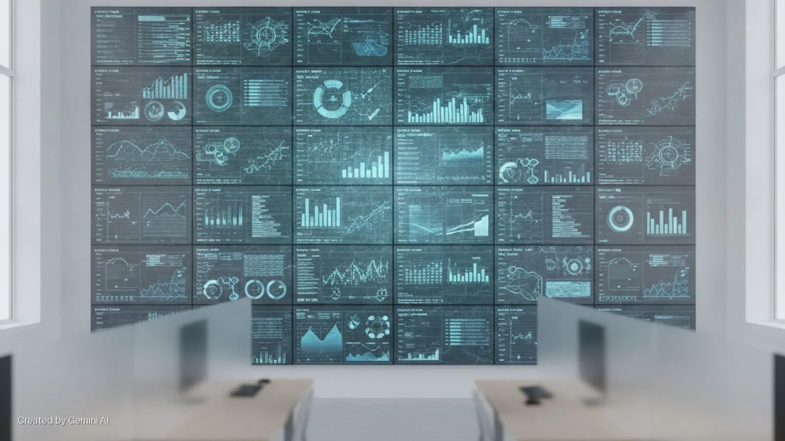 An office features a large video wall composed of multiple screens displaying blue data visualizations, with two workstations in the foreground lit by both the screens and natural light from side windows.