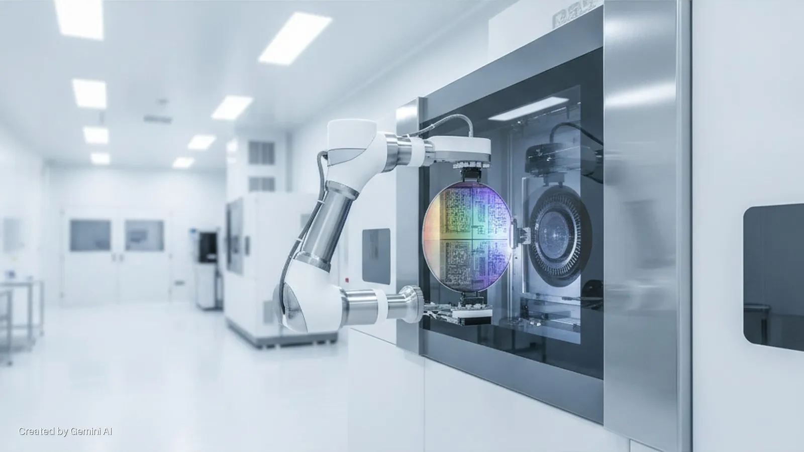 A robotic arm holds a colorful semiconductor wafer, positioning it within advanced manufacturing equipment in a brightly lit cleanroom.