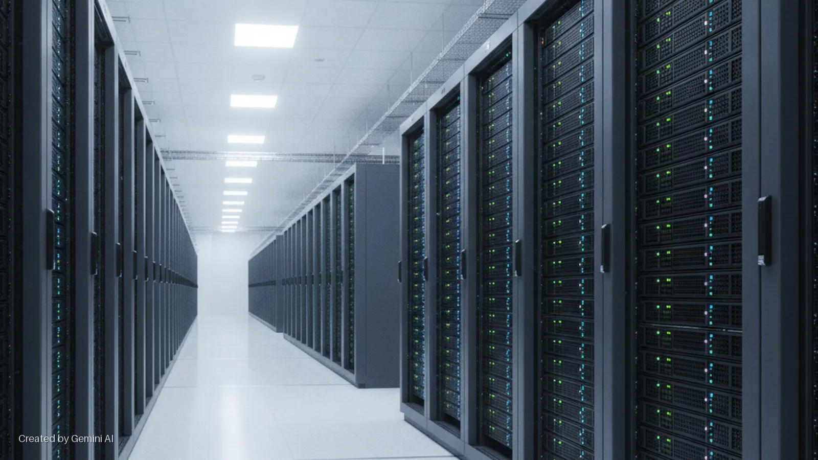 A long, brightly lit data center aisle is flanked by rows of black server racks filled with servers displaying glowing green and blue indicator lights under rectangular overhead lights.