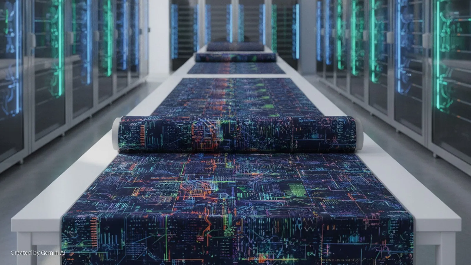 Dark fabric rolls with a glowing multicolored circuit board pattern lie on a white table in a data center illuminated by blue and green server racks.