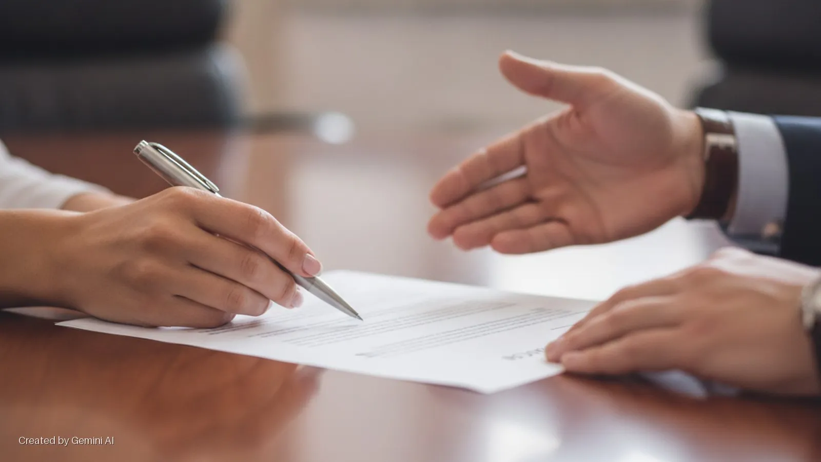 A person's hand uses a silver pen to sign a document on a dark wooden table, opposite an outstretched hand wearing a watch and suit cuff, in a brightly lit professional setting.