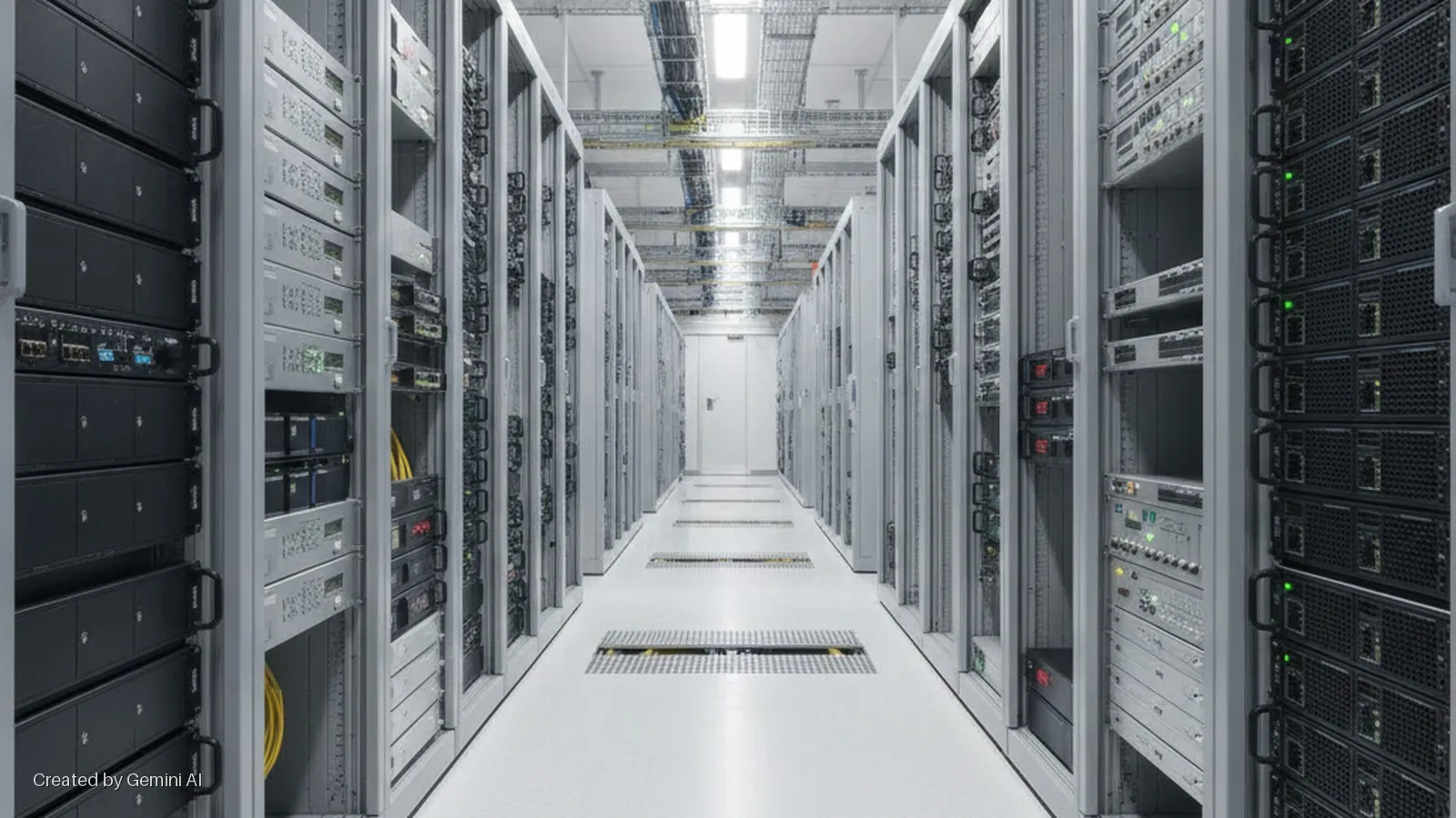 A brightly lit data center aisle with long rows of gray and black server racks filled with computer equipment and visible cabling, leading to a closed white door at the far end.