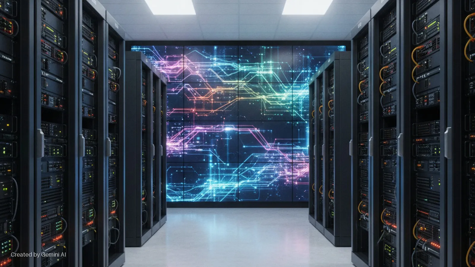 A well-lit server room corridor with black server racks displaying numerous indicator lights, leading to a large multi-panel screen showcasing a vibrant, abstract circuit board design.
