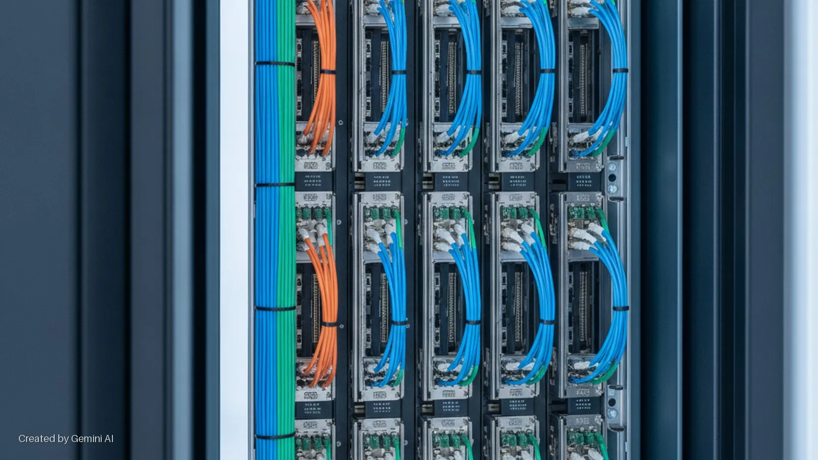 A well-lit server rack in a data center features neatly bundled blue, green, and orange optical fiber cables connected to multiple server modules.