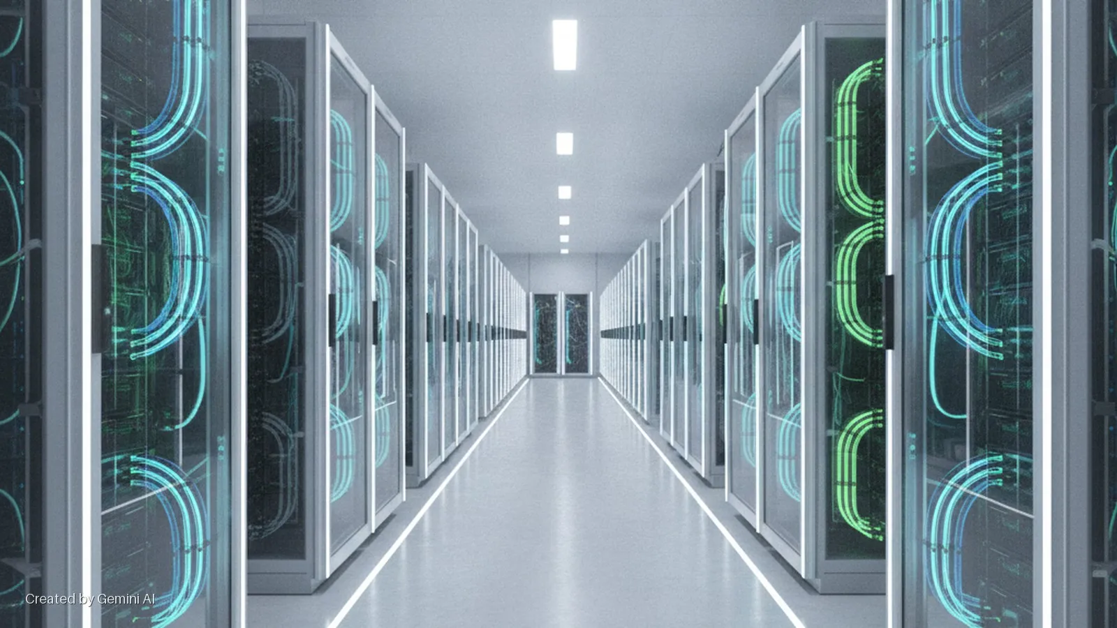 A long data center hallway is lined with server racks displaying glowing blue and green fiber optic cables, illuminated by overhead ceiling lights and white floor strips.
