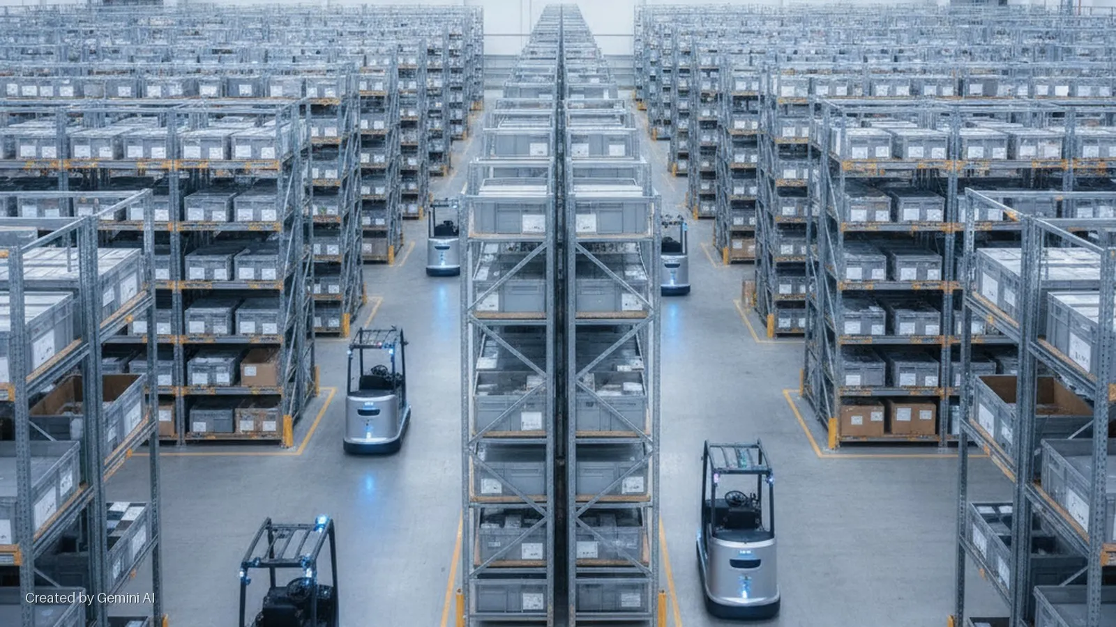 Several silver autonomous mobile robots operate in a brightly lit, expansive warehouse featuring long rows of metal shelves filled with grey storage bins and brown cardboard boxes on a grey concrete floor.
