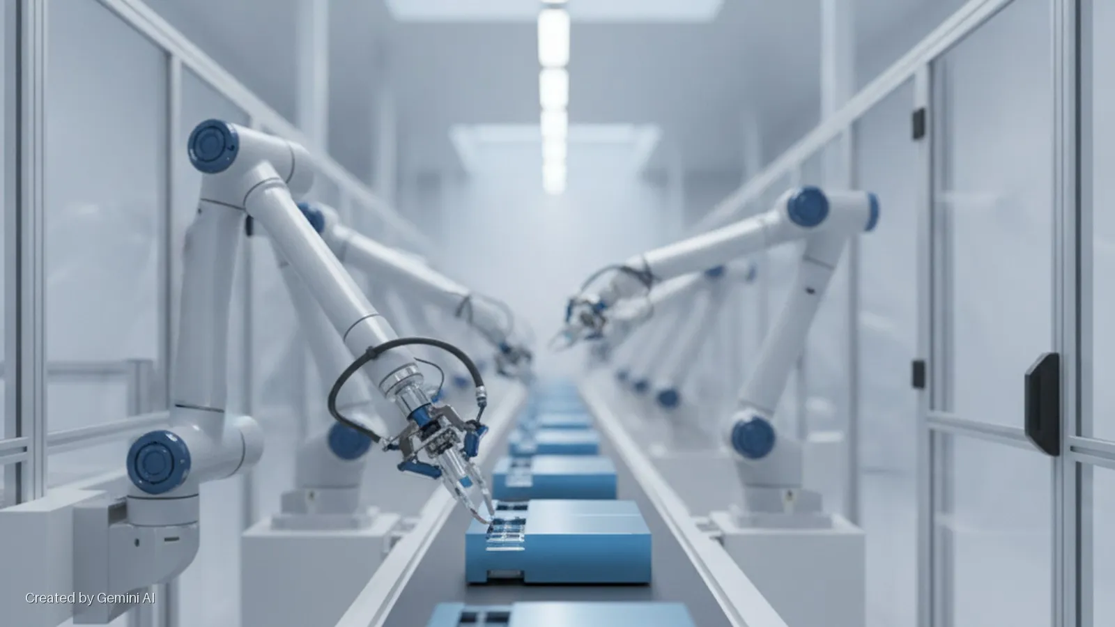 Rows of white robotic arms with blue accents perform assembly on blue rectangular modules moving along a conveyor belt in a brightly lit, clean room production facility with transparent safety barriers.