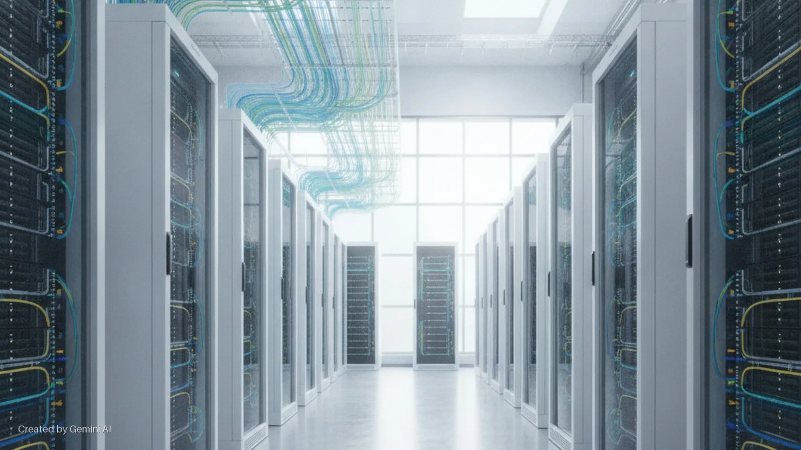 Brightly lit data center aisle with rows of server racks on either side and bundles of colorful network cables running overhead towards a large window at the far end.