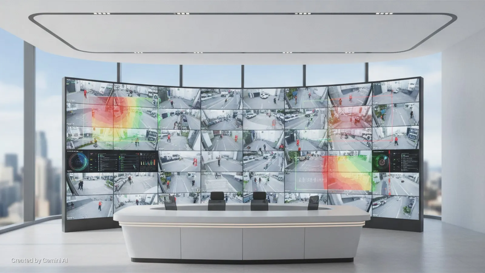 A modern, brightly lit control room features a curved video wall displaying dozens of street camera feeds with overlaid graphics, a white control desk with chairs, and large windows overlooking a city skyline.