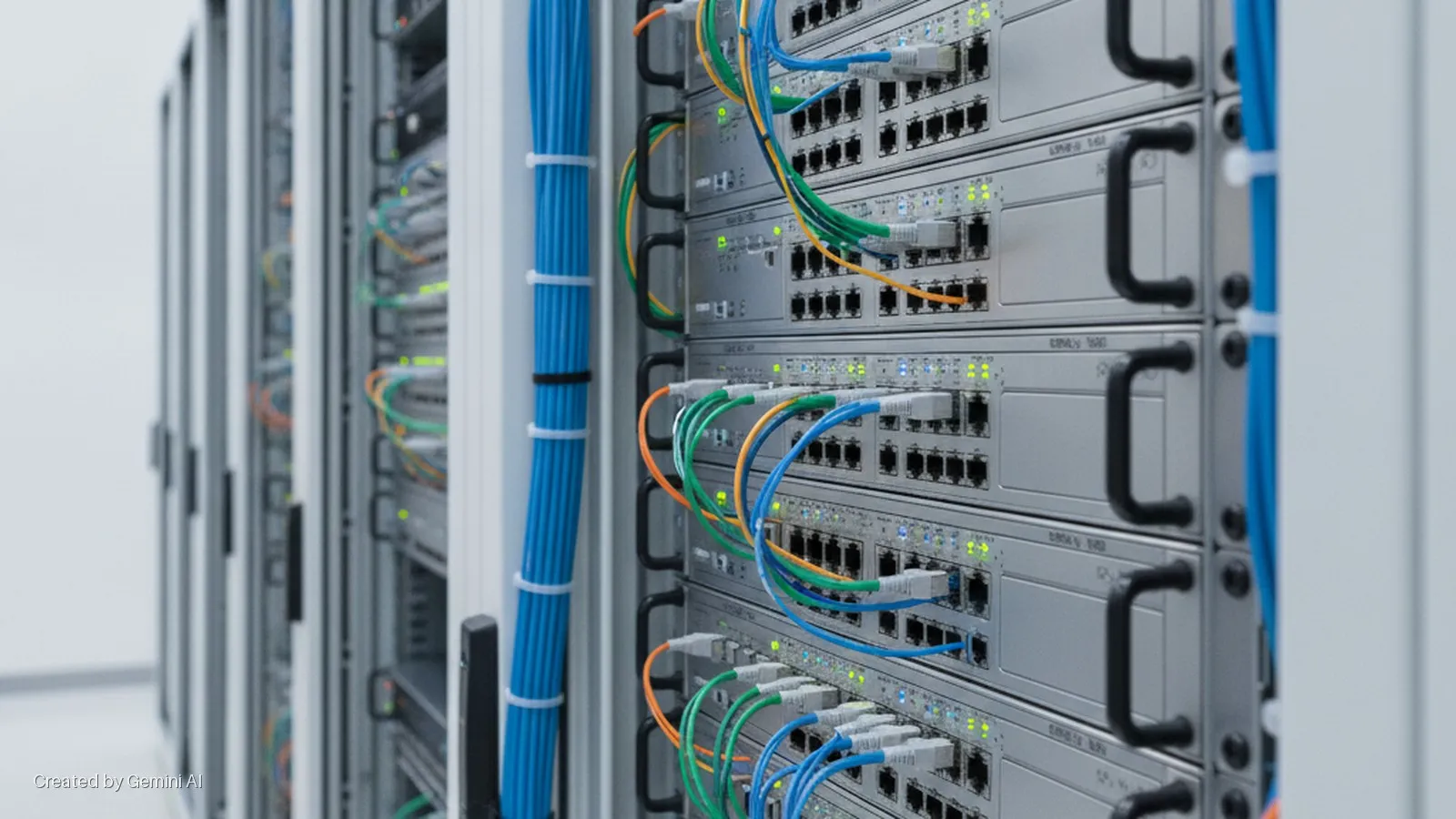 Brightly lit server racks in a data center, with network switches connected by neatly organized blue, green, and orange ethernet cables.