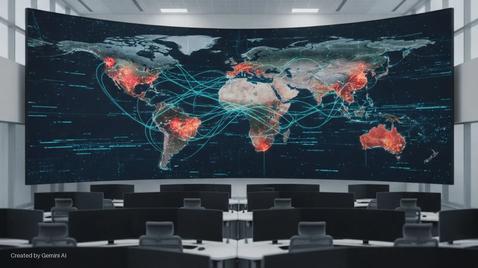 An empty control room features a large curved wall-sized display showing a world map with glowing red regions and interconnected blue lines, in front of rows of computer monitors and chairs under bright overhead lighting.