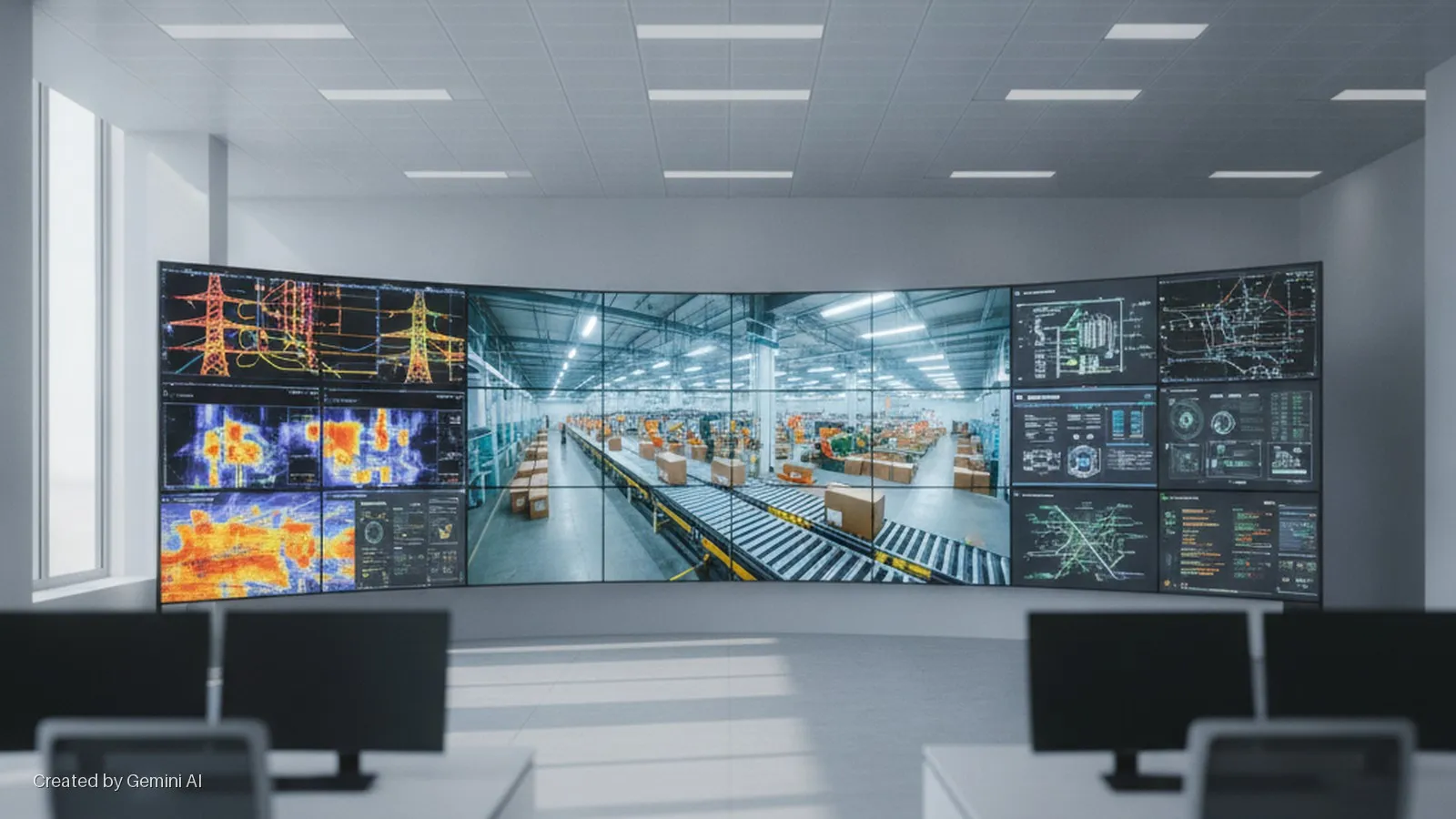 A brightly lit control room features a large curved video wall displaying power grid schematics, thermal imagery, and a wide view of an automated warehouse with conveyor belts, alongside multiple computer monitors on desks in the foreground