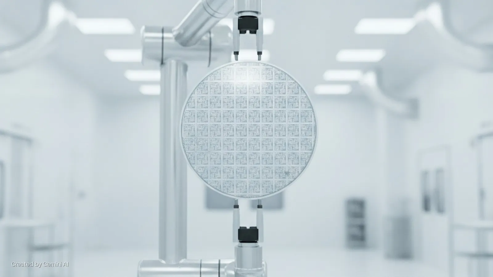 A circular silicon wafer featuring a grid of integrated circuit dies is held by a robotic gripper within a brightly lit, sterile cleanroom.